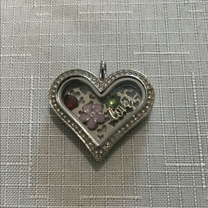 Origami Owl Crystal Heart-Shaped Silver Pendant Locket with Disk and Charms